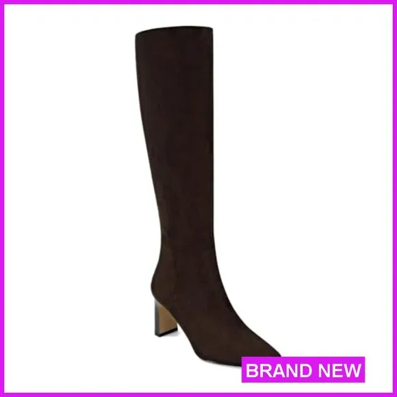 Knee High Boots Square Toe Chunky Heel Side Zipper Wide Calf Dress Boots - Picture 5 of 5